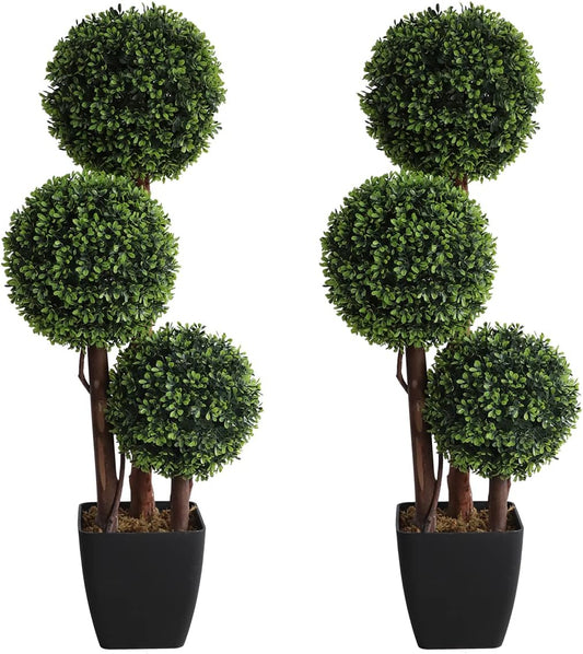 Artificial Topiaries Ball Tree Outdoor, 3ft Fake Topiary Triple Ball Boxwood Trees(2 Pieces), Faux Shrubs Plants Potted Green Decorative Indoor Porch or Garden（35inch）