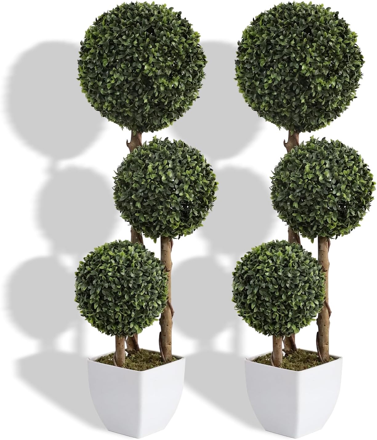 Artificial Topiaries Ball Tree Outdoor, 3ft Fake Topiary Triple Ball Boxwood Trees(2 Pieces), Faux Shrubs Plants Potted Green Decorative Indoor Porch or Garden（35inch）