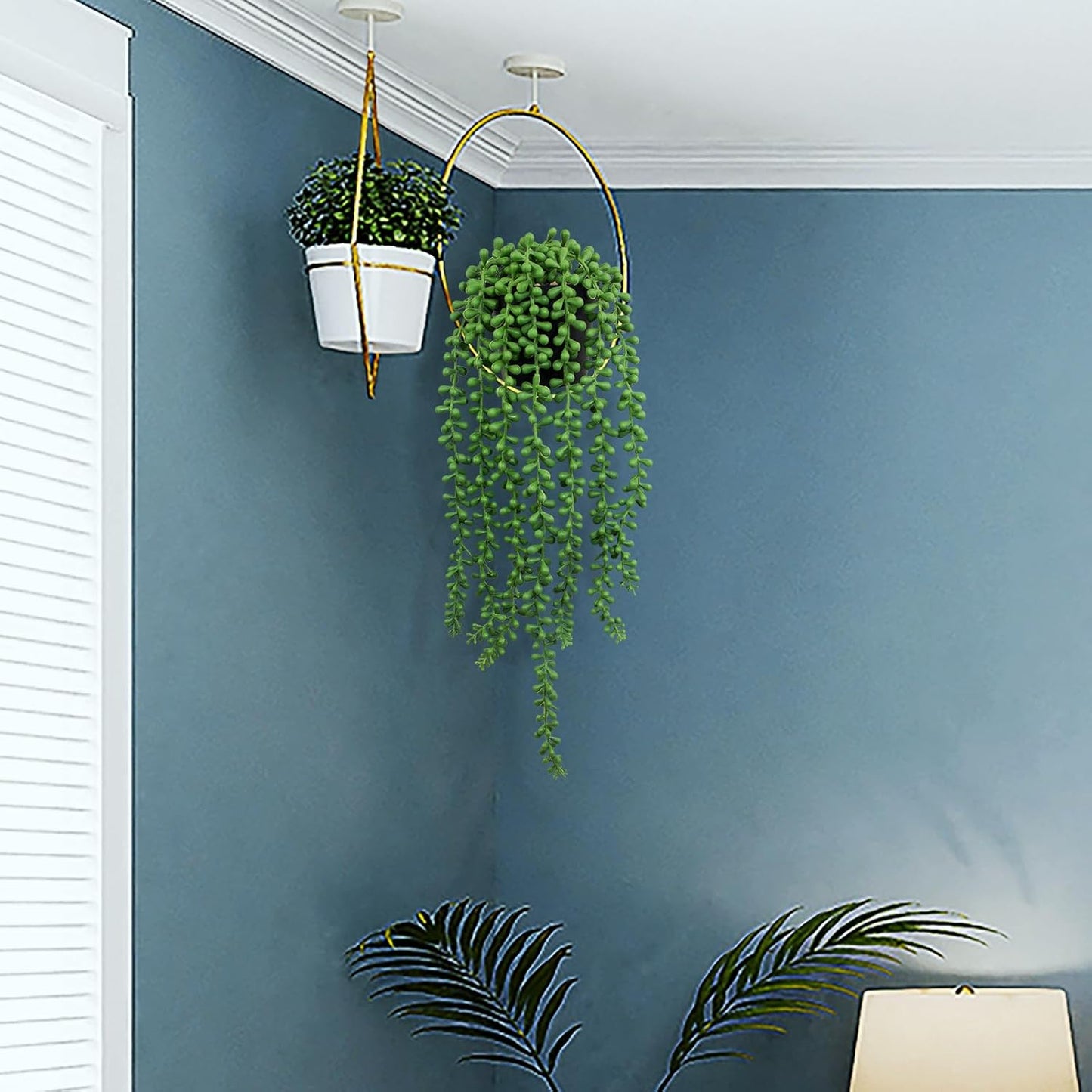 LOYWREE 2Pcs Fake Plants Indoor Artificial String of Pearls Plant in Black Pots, Realistic Green Faux Succulent Hanging Plants for Shelf Decor Desk Home Garden Decorations