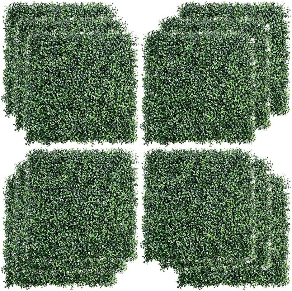 16PCS 20"x20" Artificial Boxwood Panels Topiary Hedge Plant UV Protected Faux Grass Wall Greenery Mats for Outdoor Garden Fence Backyard and Indoor Home Wedding Decoration, Dark Green