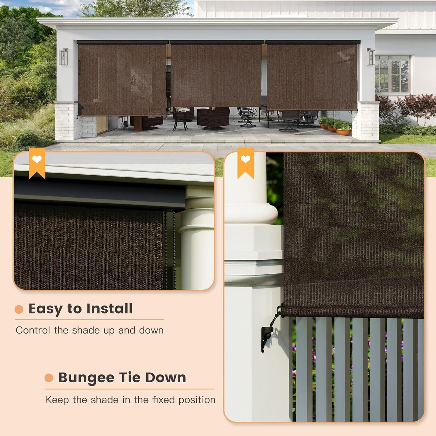 VICLLAX Premium Outdoor Roller Shade, 95% Patio Roll up Blinds with Weather Resistant Valance 7x8FT,Mocha