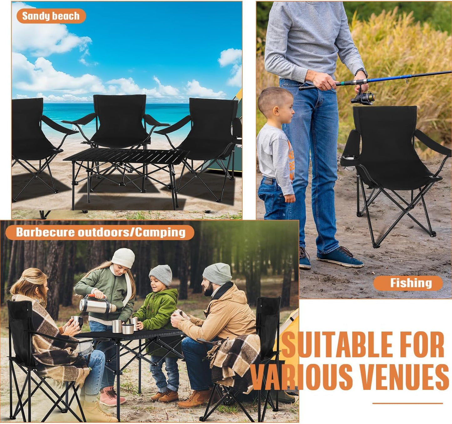 5 Pcs Summer Portable Camping Chair and Folding Camping Table Set Outdoor Oxford Fabric Folding Chair Lawn Portable Camp Table with Cup Holder Carry Bag for Travel Fishing Sport(Black)