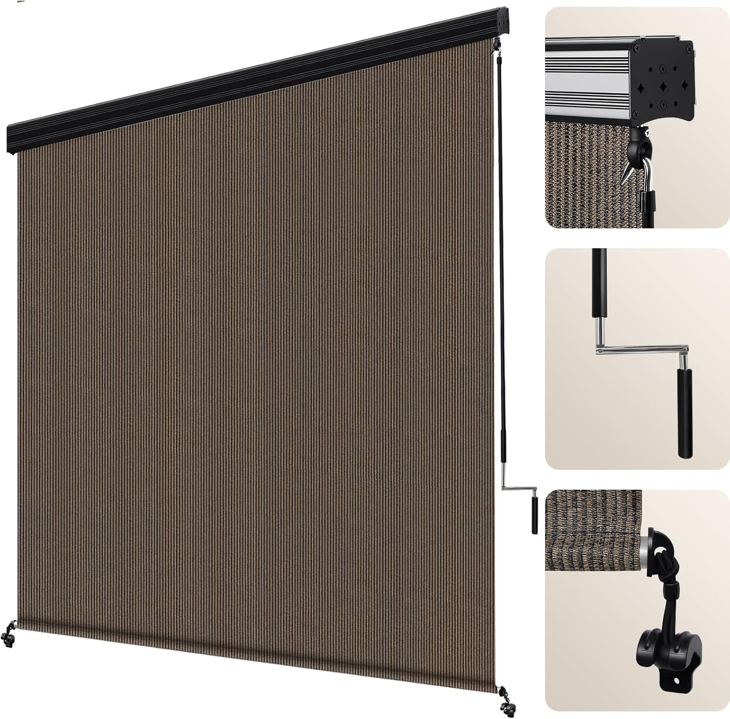 Artpuch Outdoor Roller Shade 8' W x 8' H Fabric Blind Mocha Outdoor Roll Up Shade with Aluminum Valance, Wand Operation Exterior Roller Shades Cloth for Patio Porch Gazebo