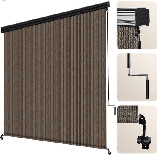 Artpuch Outdoor Roller Shade 8' W x 8' H Fabric Blind Mocha Outdoor Roll Up Shade with Aluminum Valance, Wand Operation Exterior Roller Shades Cloth for Patio Porch Gazebo