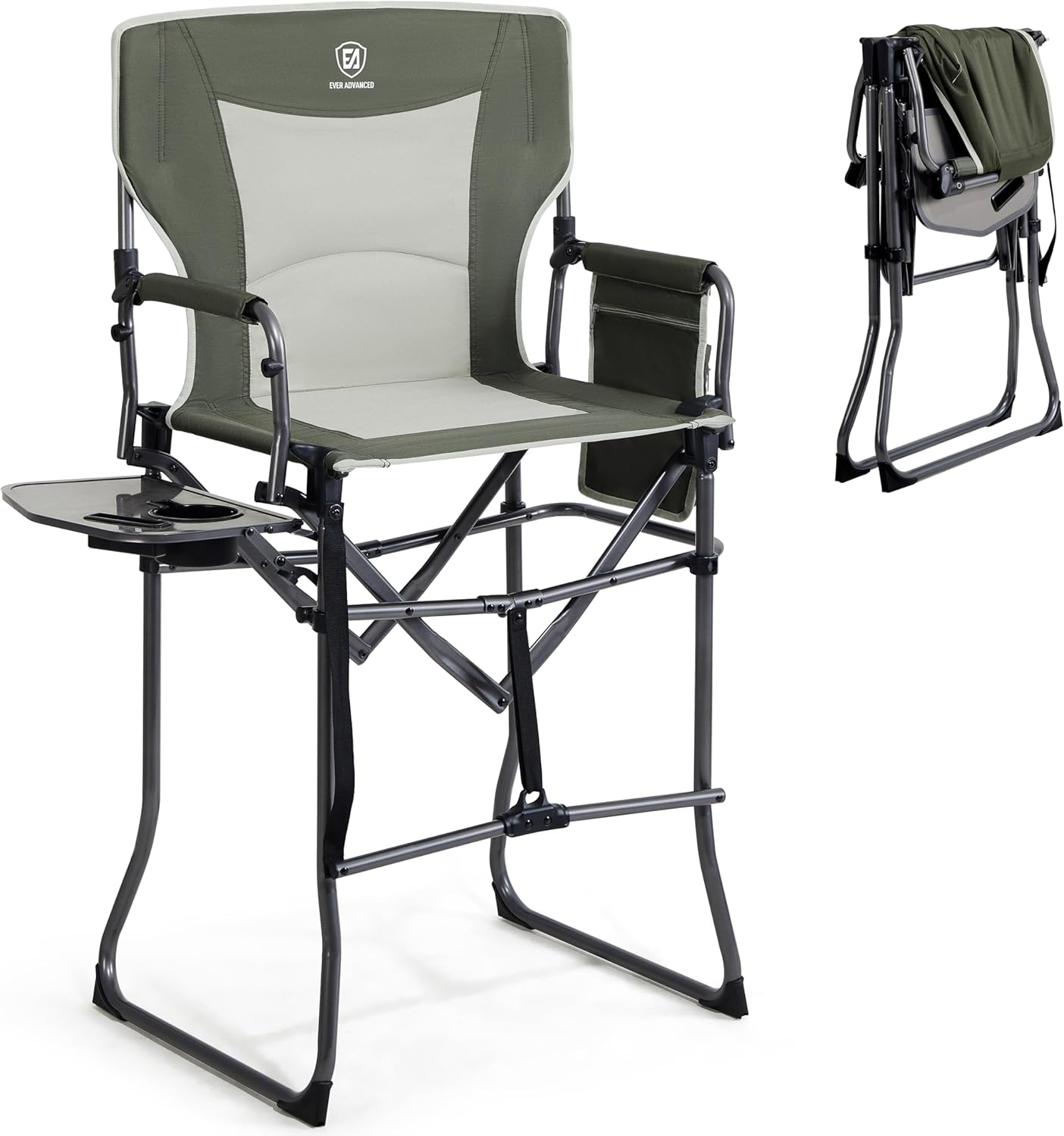EVER ADVANCED Portable 30.7" Seat Height Tall Folding Camping Chair Directors Chair High Foldable Bar Stool with Side Table for Makeup Artist, Sports Event, Craft Show, Supports 350LBS Black Grey