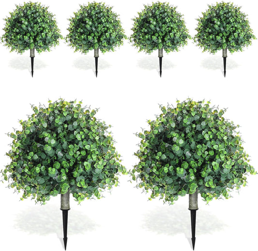XunYee 6 Pcs 20" Artificial Topiary Ball Trees, Outdoor Artificial Shrubs Faux Bushes UV Resistance Greenery Fake Plants Tree with Ground Spike for Garden Porch Patio Indoor Decoration (Light Green)