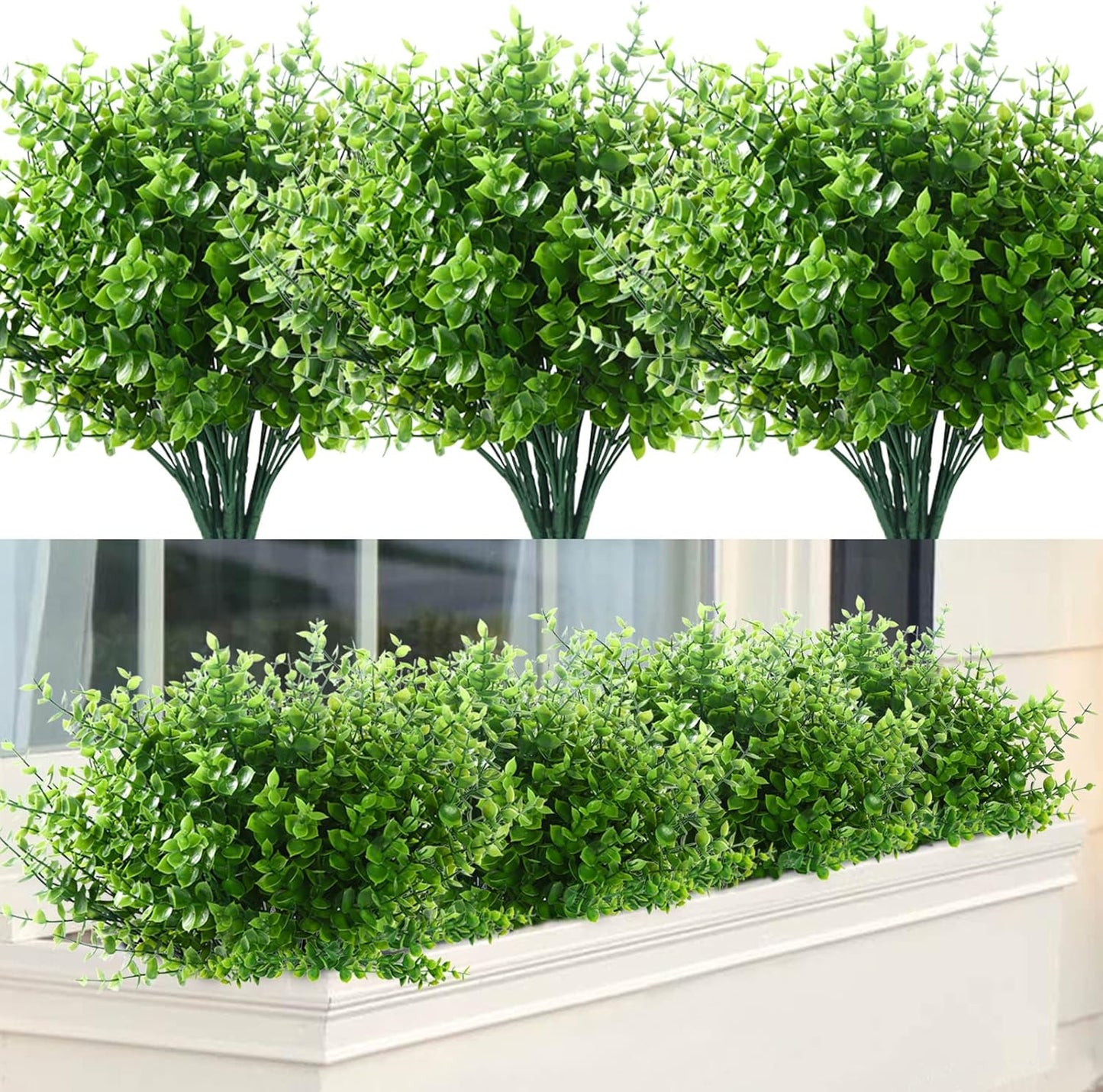 GREENRAIN Artificial Flowers Outdoor Fake Flowers for Decoration UV Resistant No Fade Faux Plastic Plants Garden Porch Window Box Décor (8 Bundles, 1#Green)