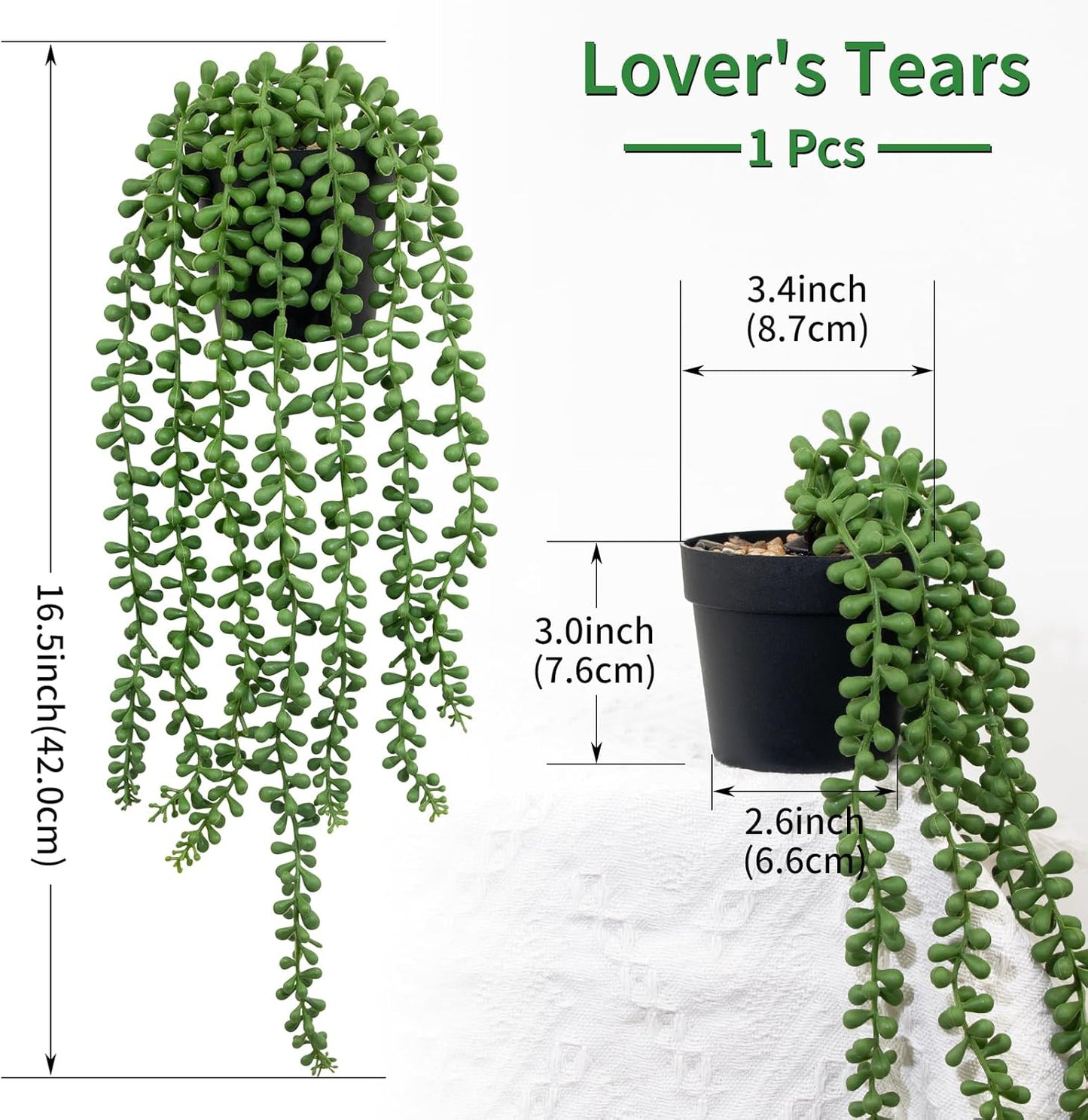 LOYWREE 2Pcs Fake Plants Indoor Artificial String of Pearls Plant in Black Pots, Realistic Green Faux Succulent Hanging Plants for Shelf Decor Desk Home Garden Decorations