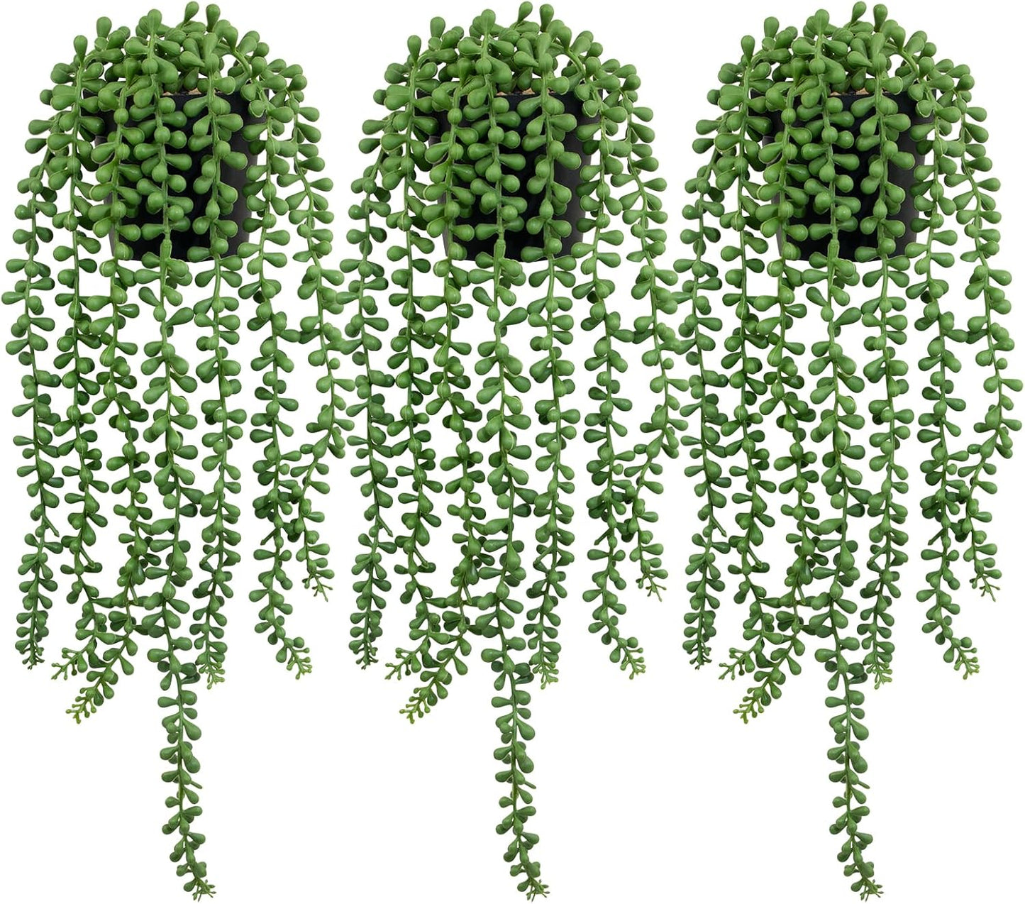 LOYWREE 2Pcs Fake Plants Indoor Artificial String of Pearls Plant in Black Pots, Realistic Green Faux Succulent Hanging Plants for Shelf Decor Desk Home Garden Decorations