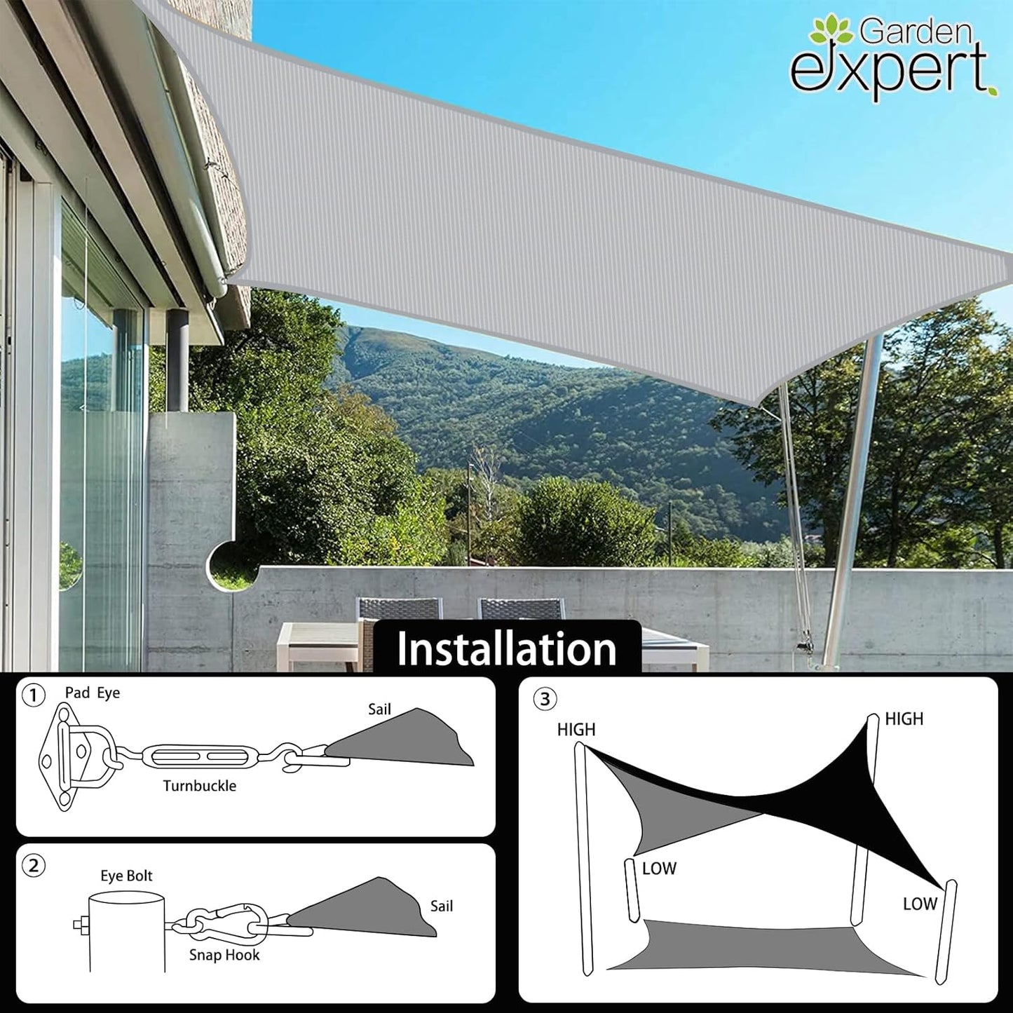 Garden EXPERT 20'x20' Sun Shade Sail Square Canopy Shade Cover for Patio Garden Outdoor Backyard, Light Grey