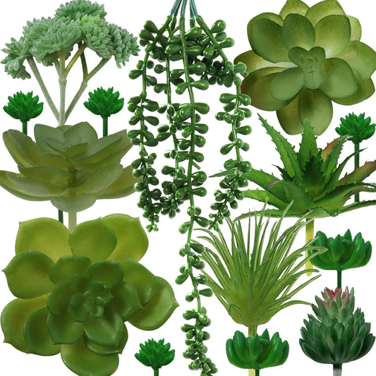 Green Succulents Plants, 14pcs Green Fake Succulents, Mini Artificial Succulents for Home Terrarium Wall Garden Office Decoration (Unpotted)