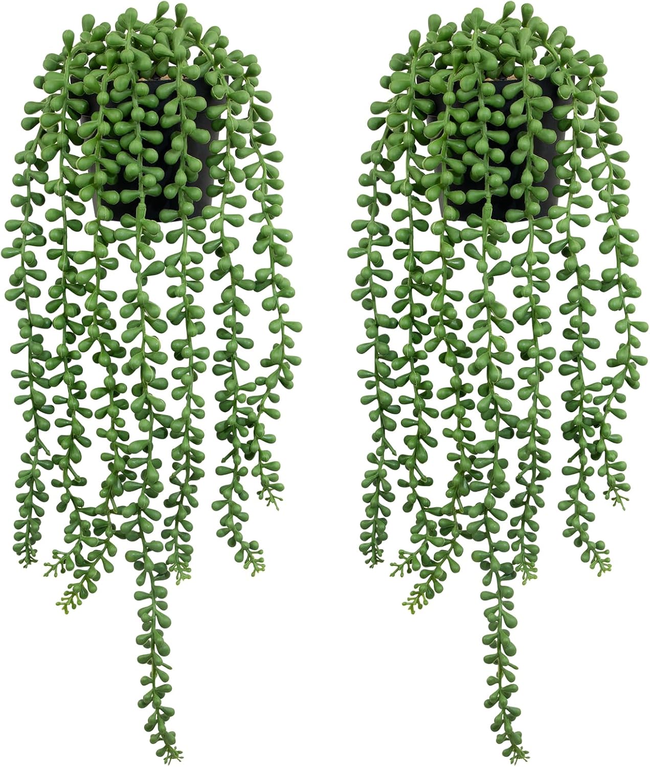 LOYWREE 2Pcs Fake Plants Indoor Artificial String of Pearls Plant in Black Pots, Realistic Green Faux Succulent Hanging Plants for Shelf Decor Desk Home Garden Decorations