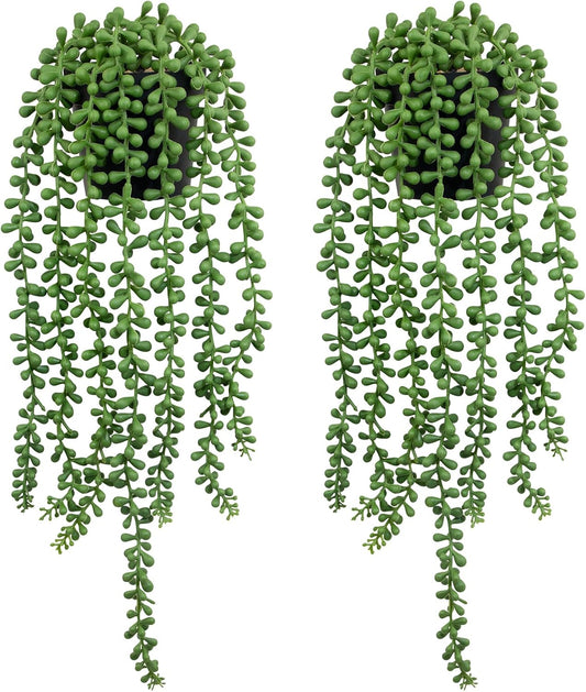 LOYWREE 2Pcs Fake Plants Indoor Artificial String of Pearls Plant in Black Pots, Realistic Green Faux Succulent Hanging Plants for Shelf Decor Desk Home Garden Decorations