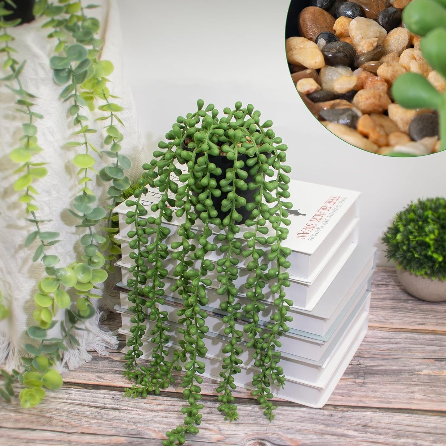 LOYWREE 2Pcs Fake Plants Indoor Artificial String of Pearls Plant in Black Pots, Realistic Green Faux Succulent Hanging Plants for Shelf Decor Desk Home Garden Decorations