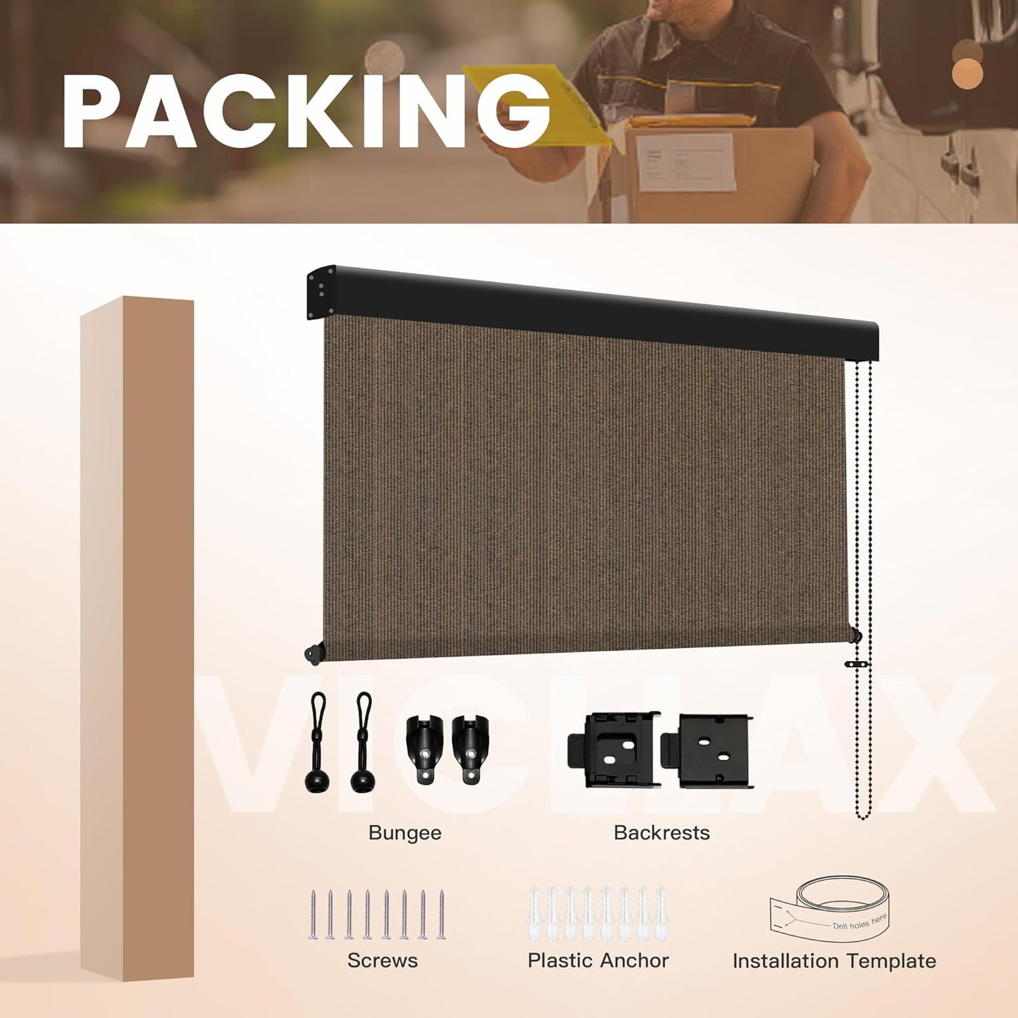 VICLLAX Premium Outdoor Roller Shade, 95% Patio Roll up Blinds with Weather Resistant Valance 7x8FT,Mocha