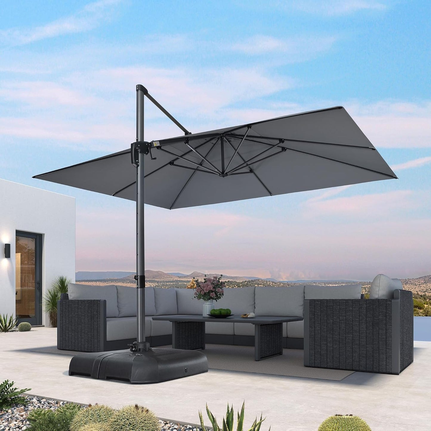 PURPLE LEAF 9' X 11.5' Patio Umbrella Outdoor Cantilever Rectangle Umbrella Aluminum Offset Umbrella with 360-degree Rotation for Garden Deck Pool Patio, Grey