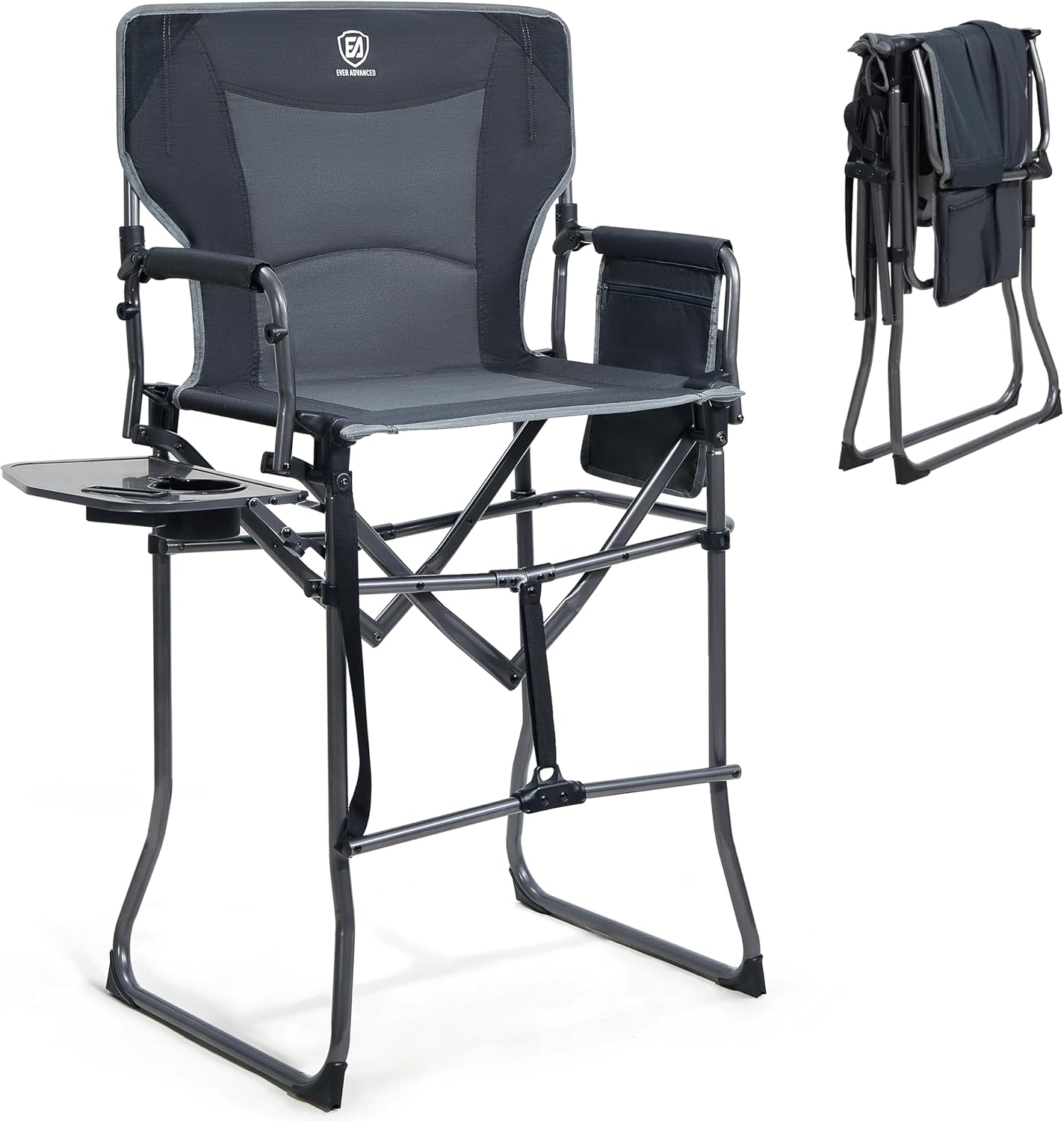 EVER ADVANCED Portable 30.7" Seat Height Tall Folding Camping Chair Directors Chair High Foldable Bar Stool with Side Table for Makeup Artist, Sports Event, Craft Show, Supports 350LBS Black Grey
