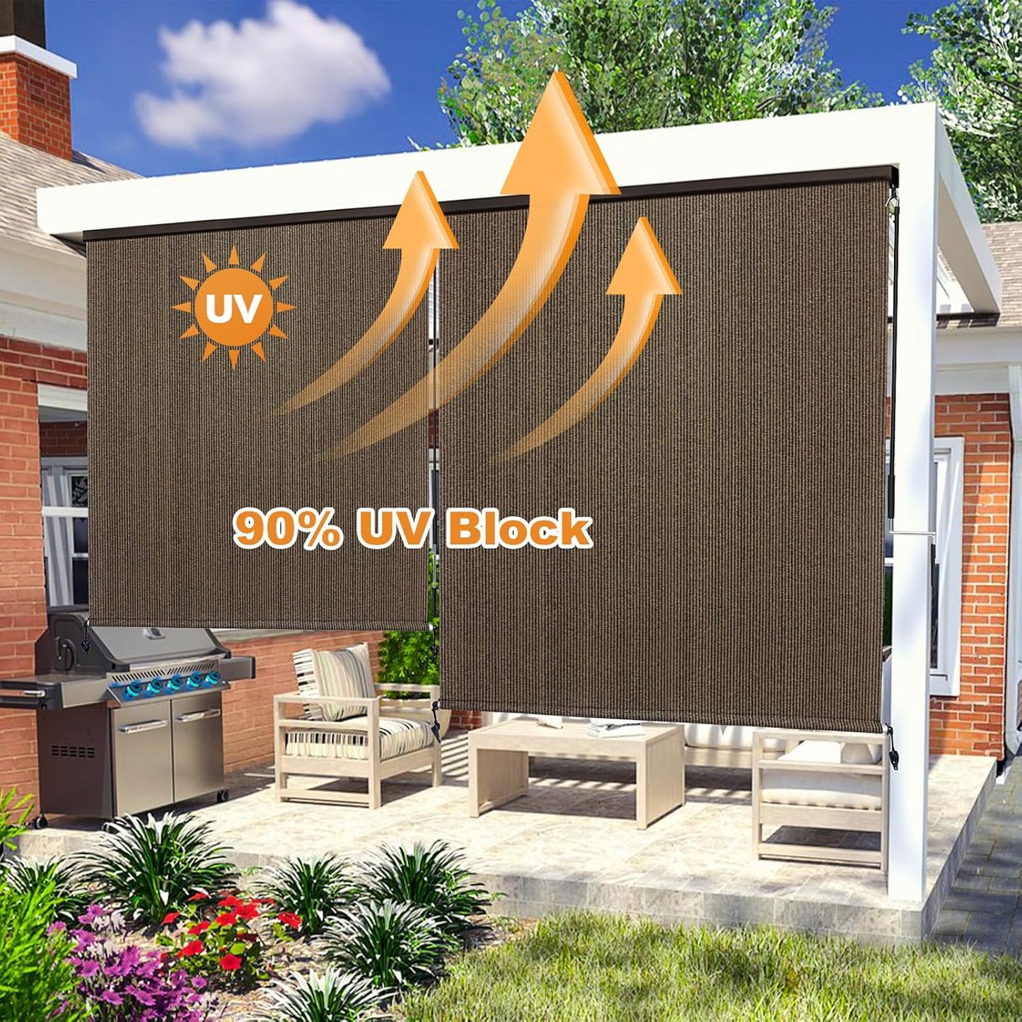 Artpuch Outdoor Roller Shade 8' W x 8' H Fabric Blind Mocha Outdoor Roll Up Shade with Aluminum Valance, Wand Operation Exterior Roller Shades Cloth for Patio Porch Gazebo