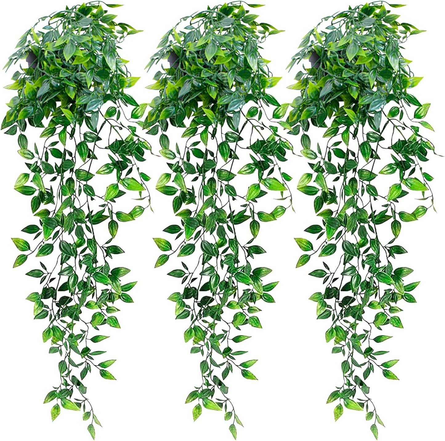 LOYWREE 2Pcs Fake Plants Indoor Artificial String of Pearls Plant in Black Pots, Realistic Green Faux Succulent Hanging Plants for Shelf Decor Desk Home Garden Decorations