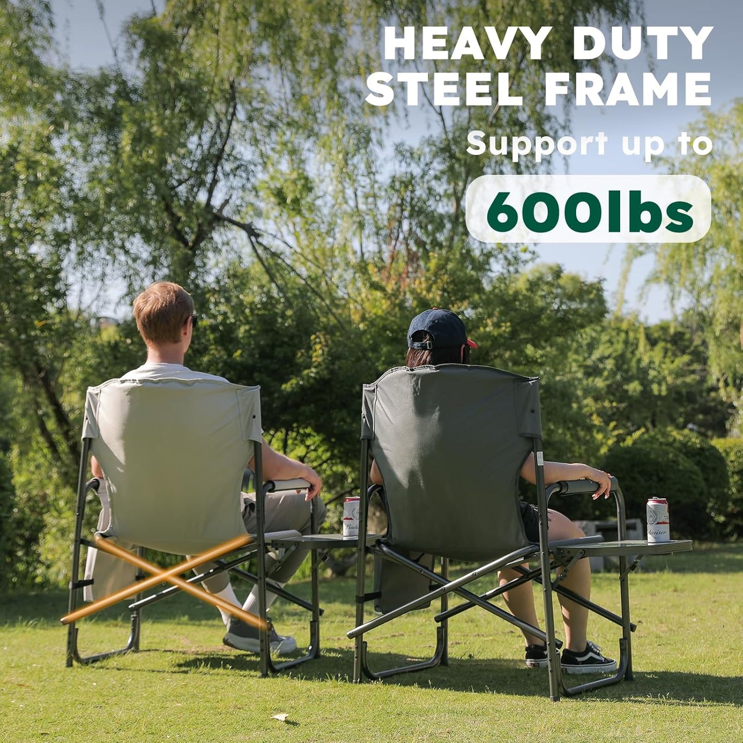 Oversized Directors Camping Chair Set of 2 Support 600 LBS, Heavy Duty Folding Outdoor Chairs with Detachable Side Pocket and Adjustable Side Table for Outside Beach,Lawn,Fishing (Black)