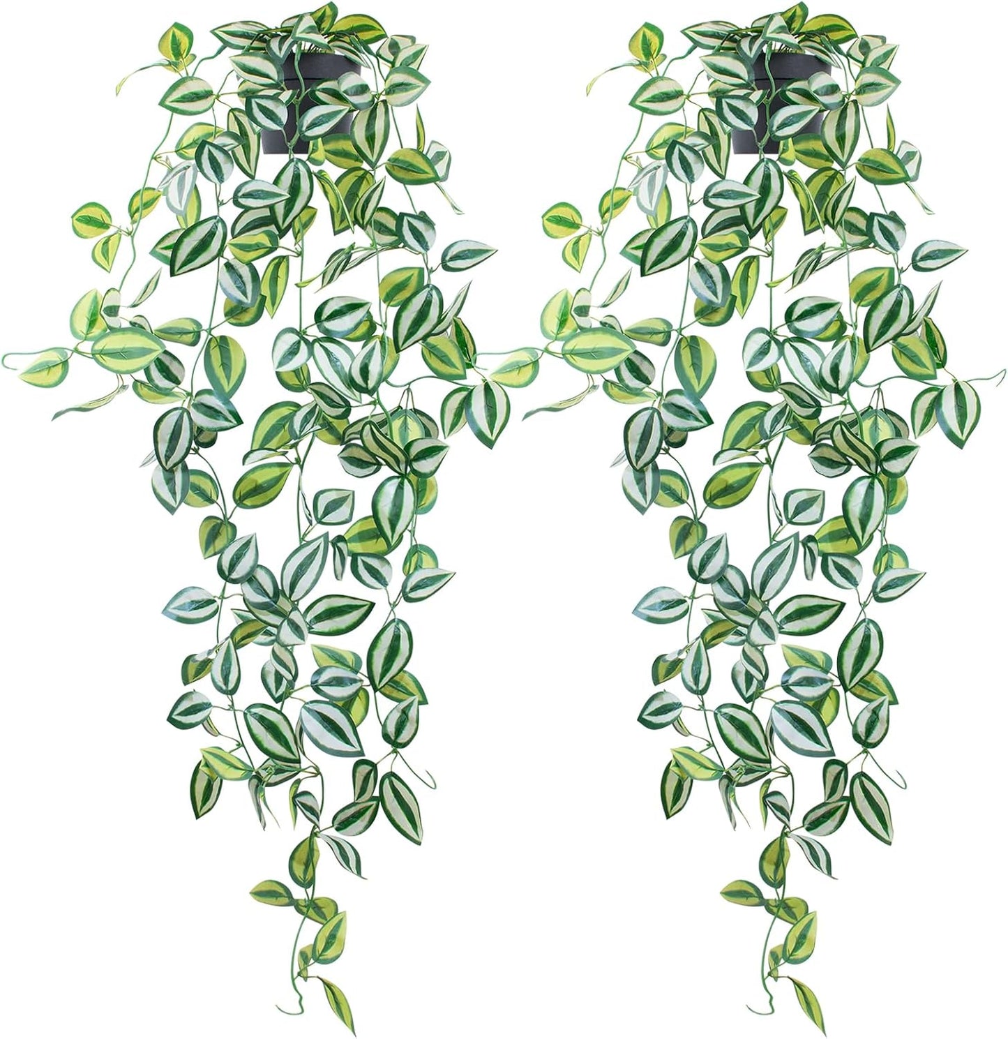 LOYWREE 2Pcs Fake Plants Indoor Artificial String of Pearls Plant in Black Pots, Realistic Green Faux Succulent Hanging Plants for Shelf Decor Desk Home Garden Decorations