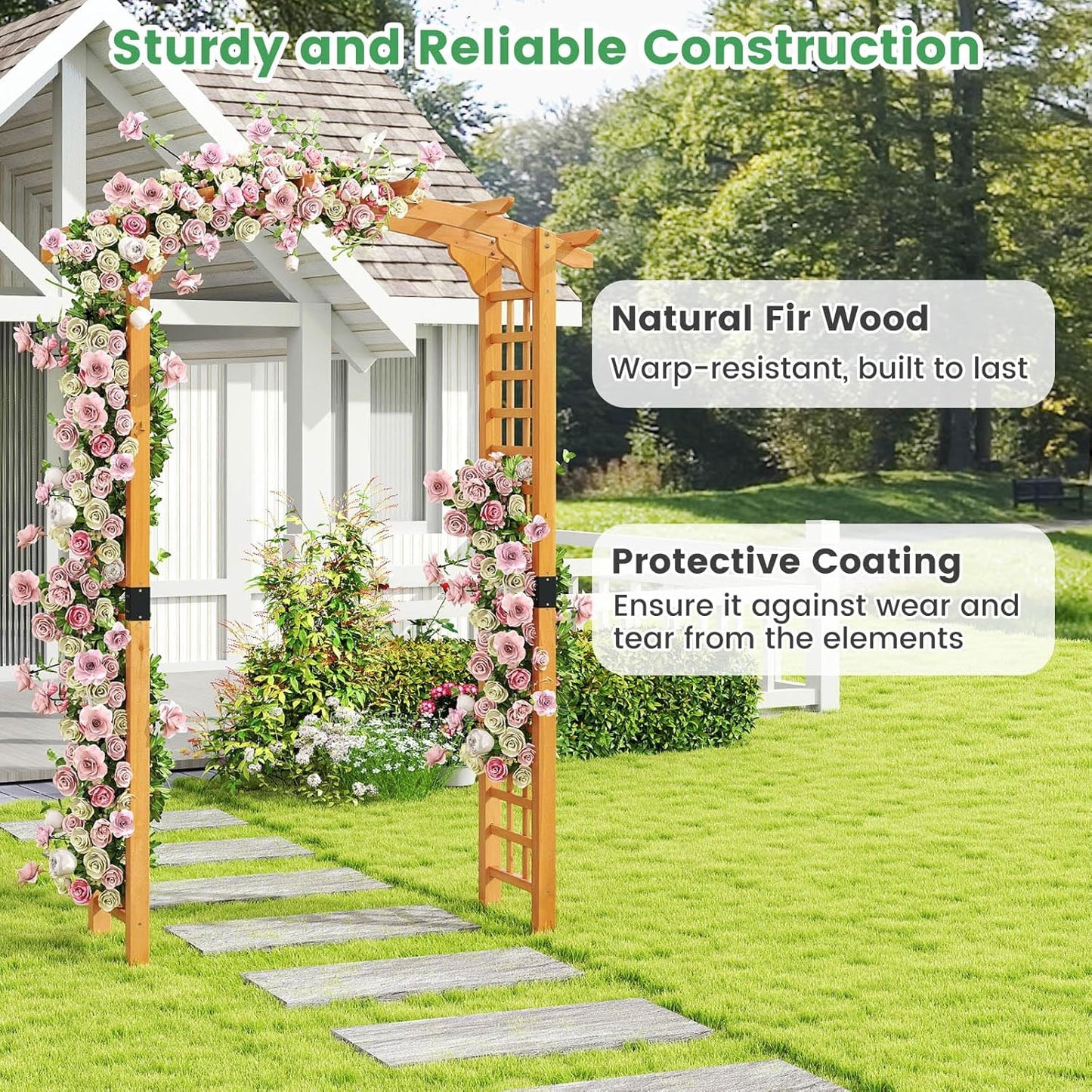 HAPPYGRILL 7.5 FT Garden Arch, Outdoor Wooden Arbor Trellis for Climbing Plants, Wedding Arch for Ceremonies Parties, Solid Wood Backdrop Stand, Backyard Pergola, Greenhouse Patio Lawn Decoration
