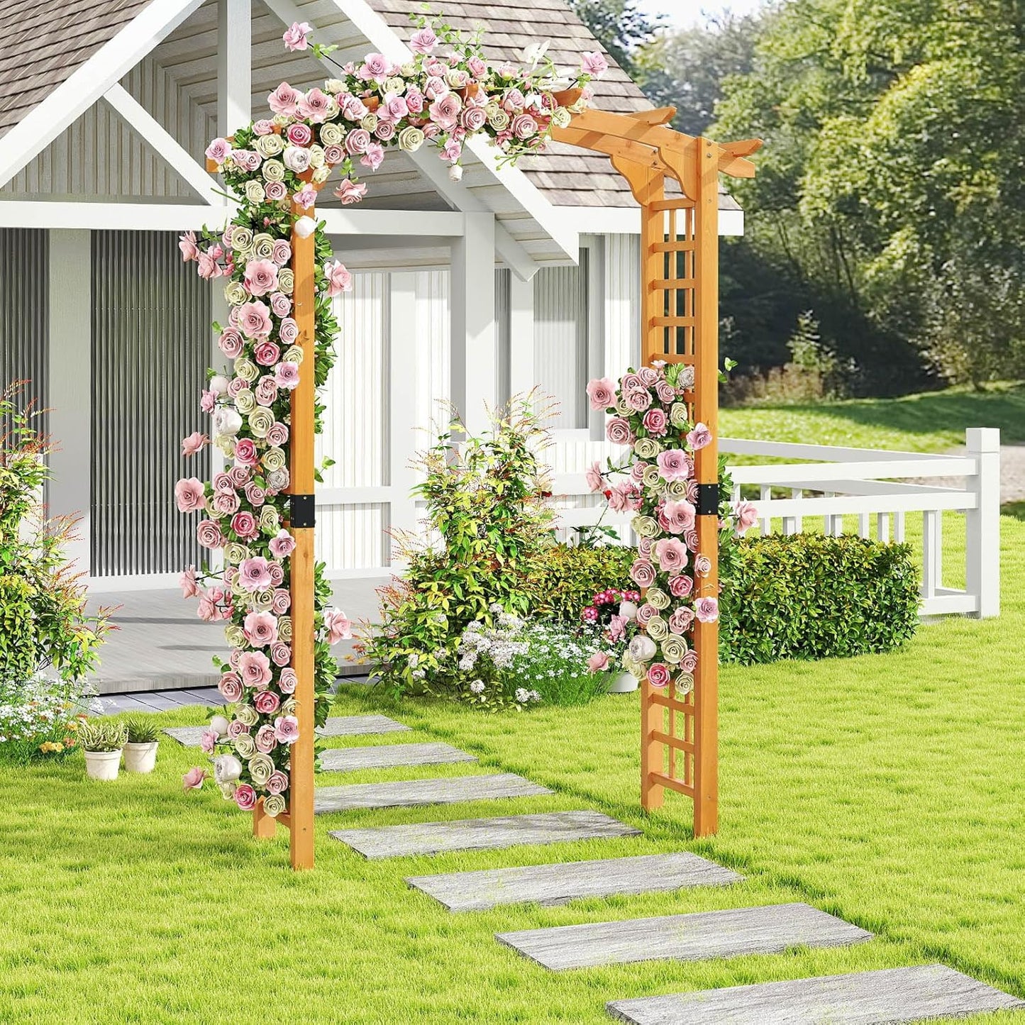HAPPYGRILL 7.5 FT Garden Arch, Outdoor Wooden Arbor Trellis for Climbing Plants, Wedding Arch for Ceremonies Parties, Solid Wood Backdrop Stand, Backyard Pergola, Greenhouse Patio Lawn Decoration