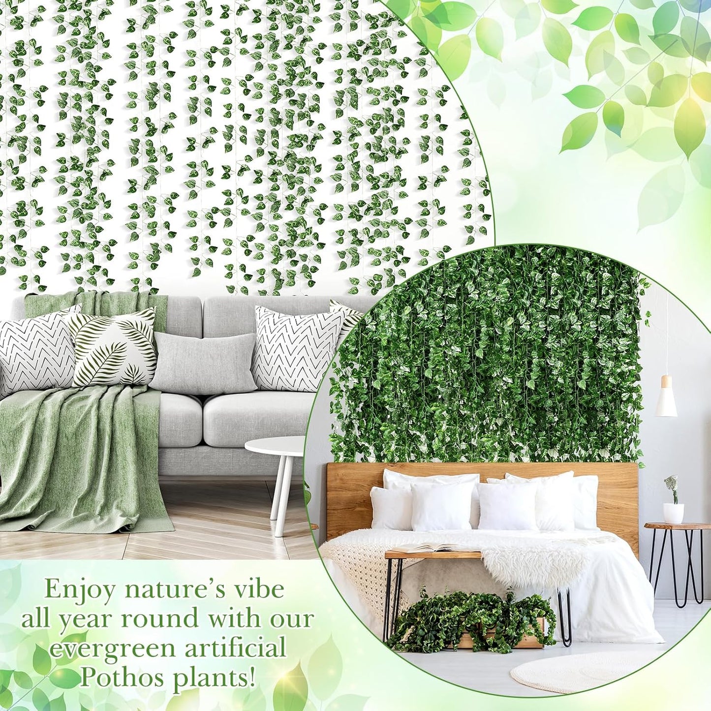 300 Pcs 2166ft Artificial Ivy Garland Fake Vines Bulk Green Leaves Greenery Vines for Bedroom Hanging Plants for Wedding Garden Home Wall Jungle Themed Party Decorations
