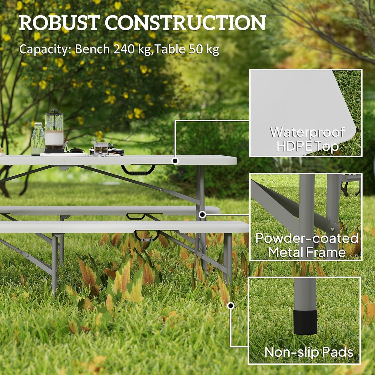 Outsunny 6FT 3-Piece Portable Picnic Table Bench Set, Folding Camping Table and Chairs with Carrying Handles for Indoor Outdoor Use, Camping, BBQ, Party, Event, White
