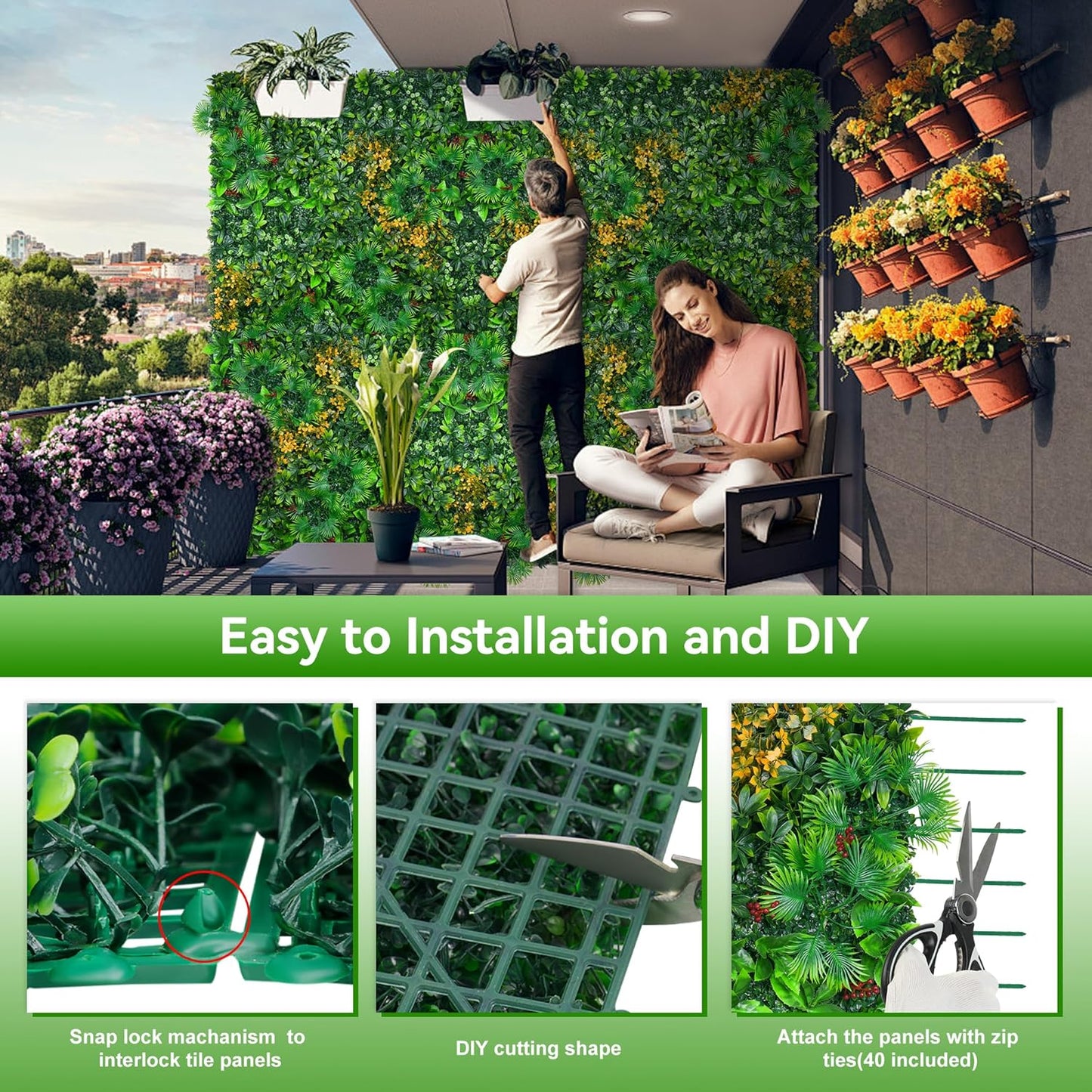 Grass Wall Panels, 20"x20" 12pcs Artificial Grass Backdrop Wall with Tropical Leaves, UV-Anti Faux Greenery Plant Boxwood Panels for Privacy Fence Screen, Green Wall Decor for Outdoor Indoor