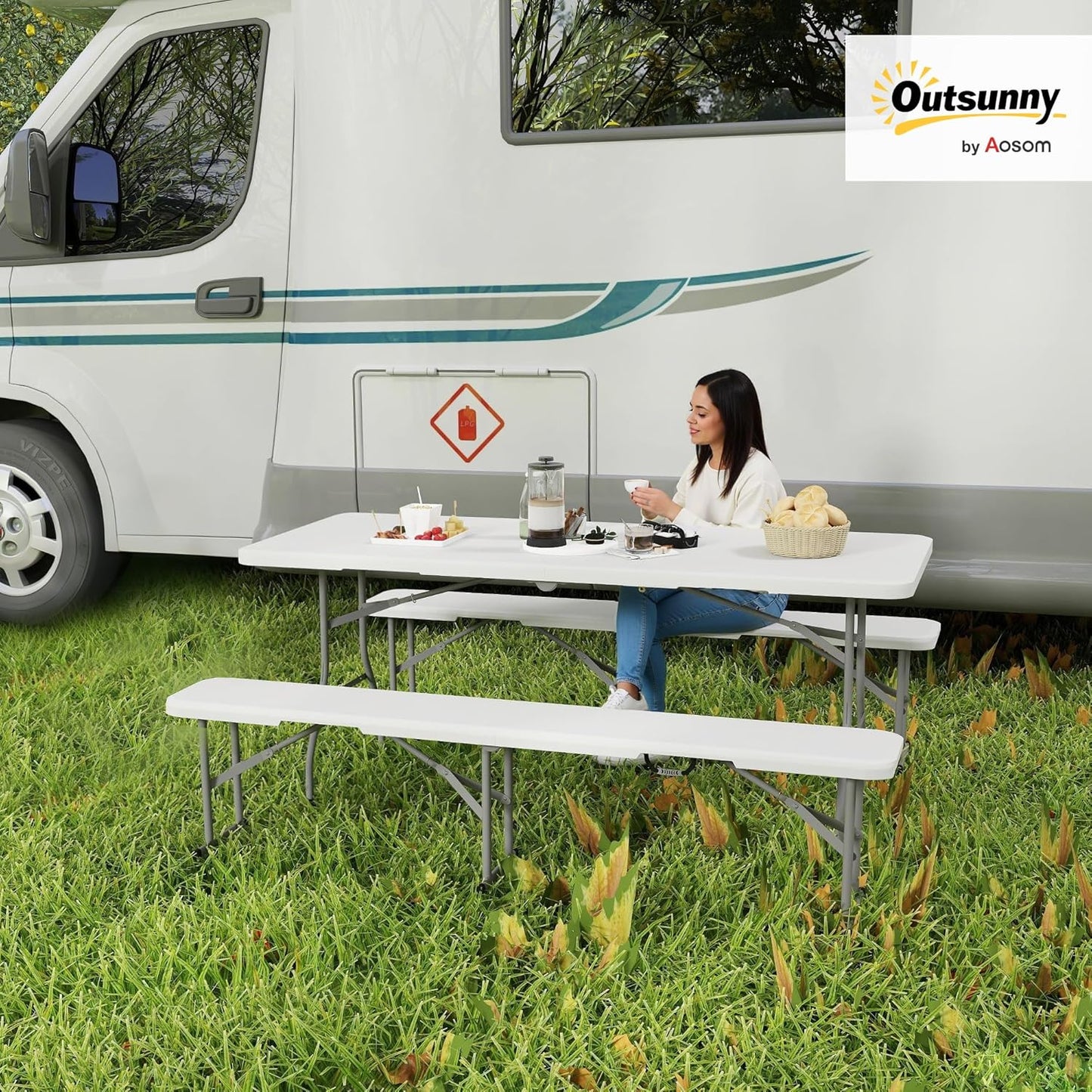 Outsunny 6FT 3-Piece Portable Picnic Table Bench Set, Folding Camping Table and Chairs with Carrying Handles for Indoor Outdoor Use, Camping, BBQ, Party, Event, White