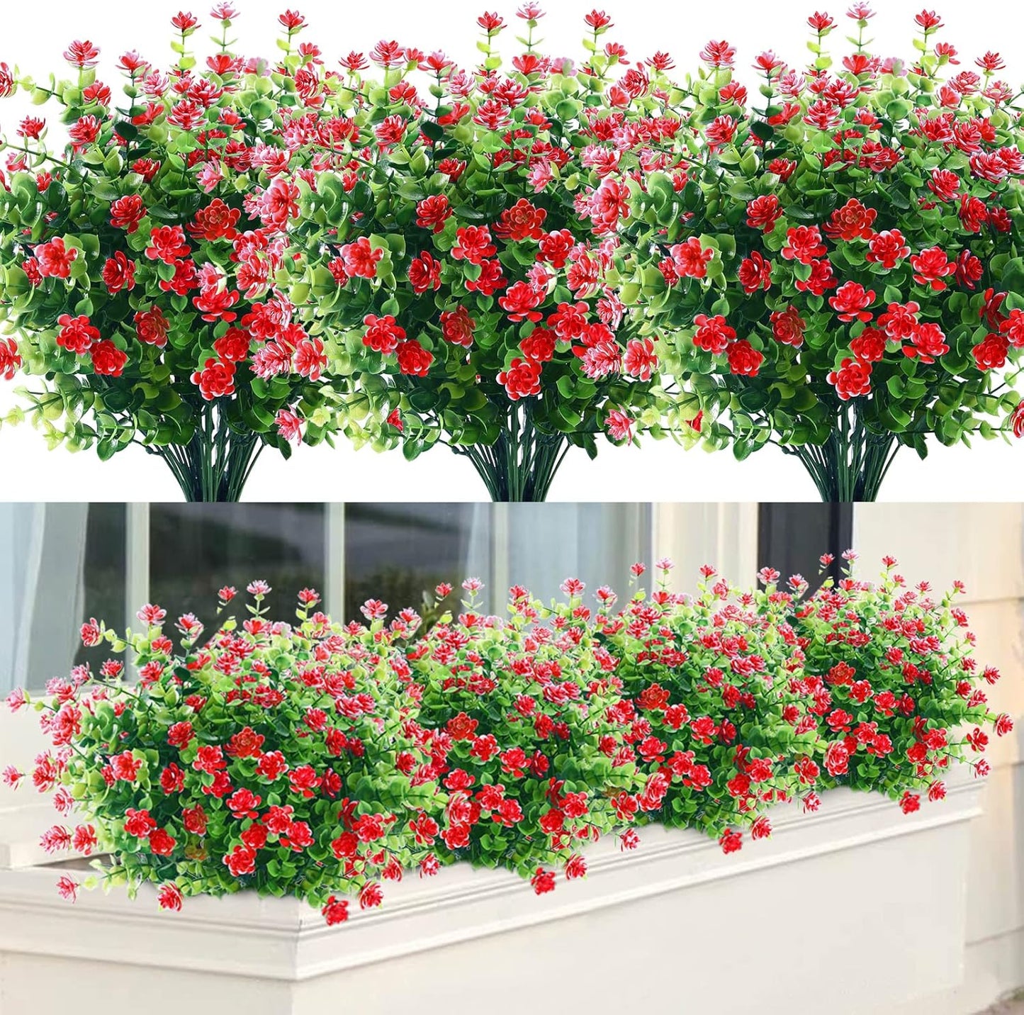 GREENRAIN Artificial Flowers Outdoor Fake Flowers for Decoration UV Resistant No Fade Faux Plastic Plants Garden Porch Window Box Décor (8 Bundles, 1#Green)
