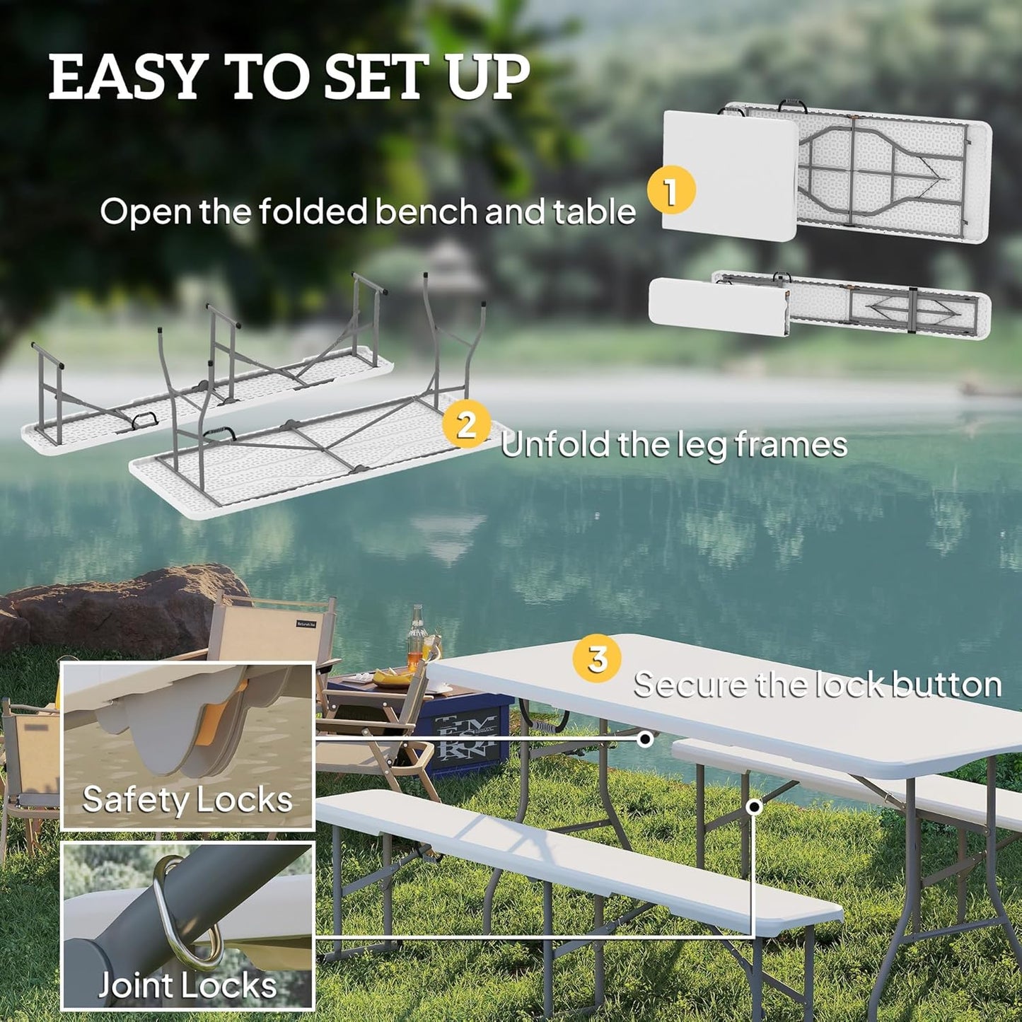 Outsunny 6FT 3-Piece Portable Picnic Table Bench Set, Folding Camping Table and Chairs with Carrying Handles for Indoor Outdoor Use, Camping, BBQ, Party, Event, White