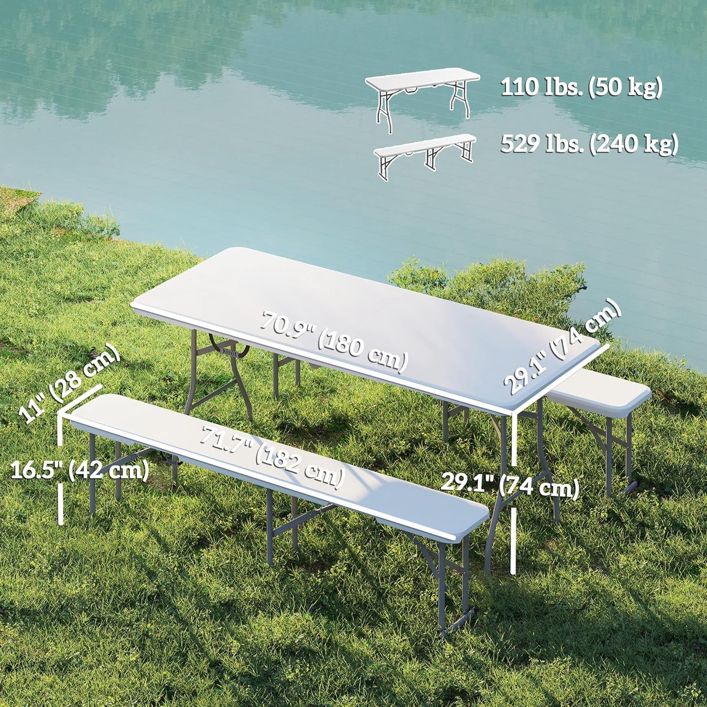 Outsunny 6FT 3-Piece Portable Picnic Table Bench Set, Folding Camping Table and Chairs with Carrying Handles for Indoor Outdoor Use, Camping, BBQ, Party, Event, White