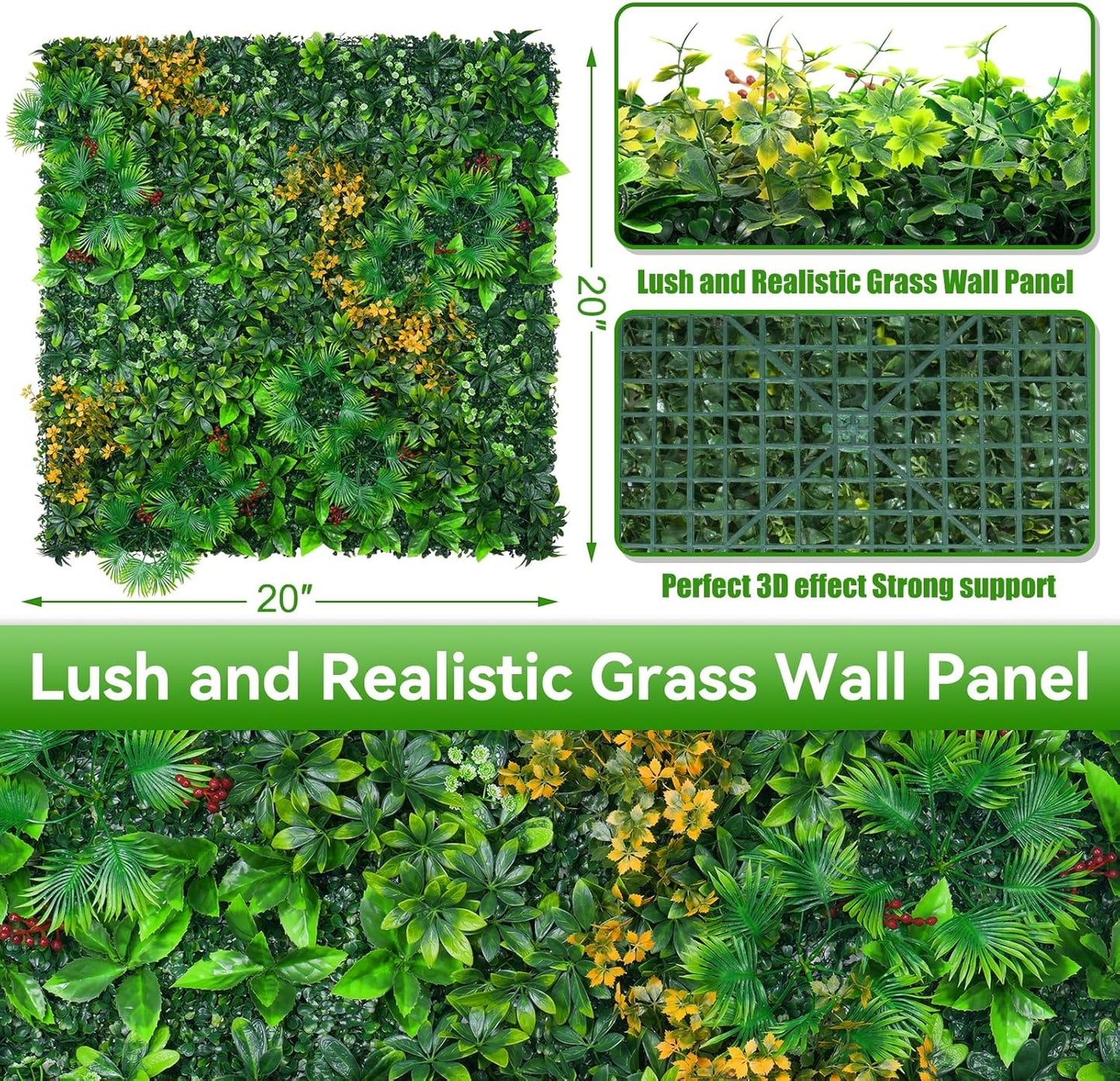 Grass Wall Panels, 20"x20" 12pcs Artificial Grass Backdrop Wall with Tropical Leaves, UV-Anti Faux Greenery Plant Boxwood Panels for Privacy Fence Screen, Green Wall Decor for Outdoor Indoor