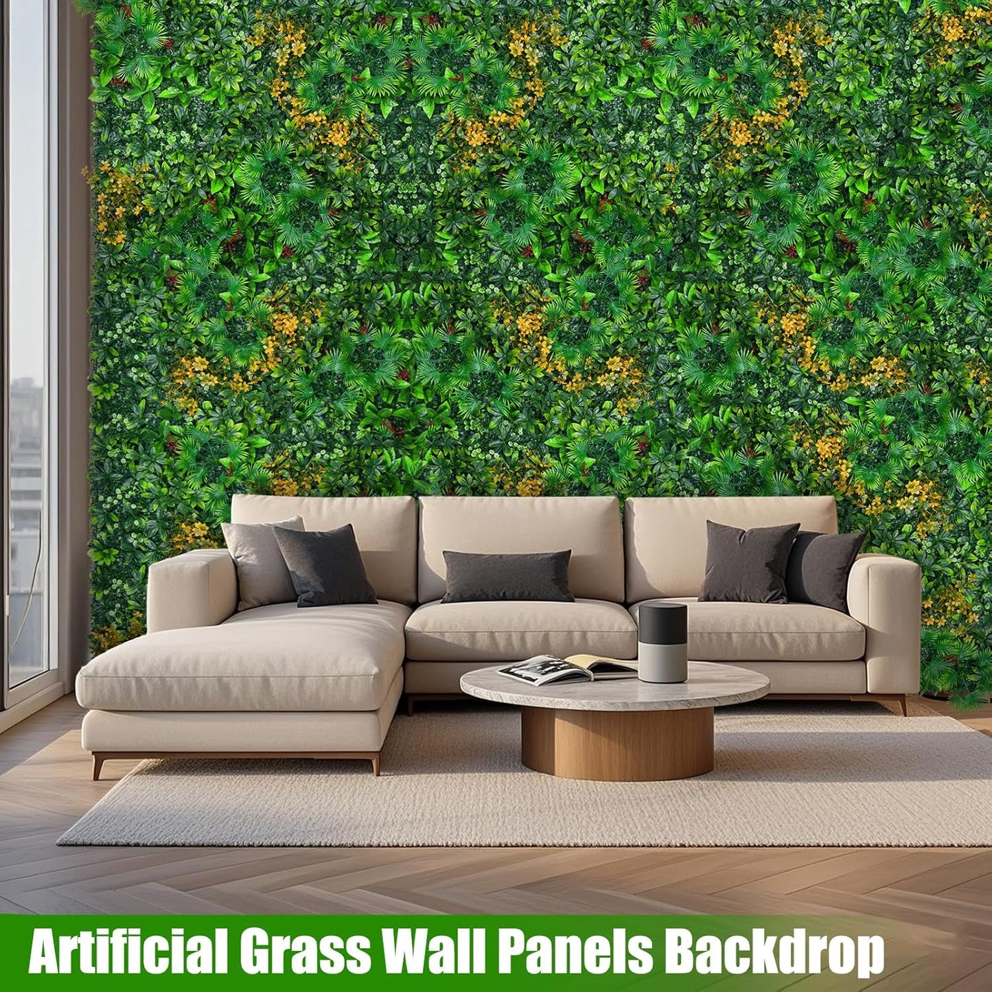 Grass Wall Panels, 20"x20" 12pcs Artificial Grass Backdrop Wall with Tropical Leaves, UV-Anti Faux Greenery Plant Boxwood Panels for Privacy Fence Screen, Green Wall Decor for Outdoor Indoor
